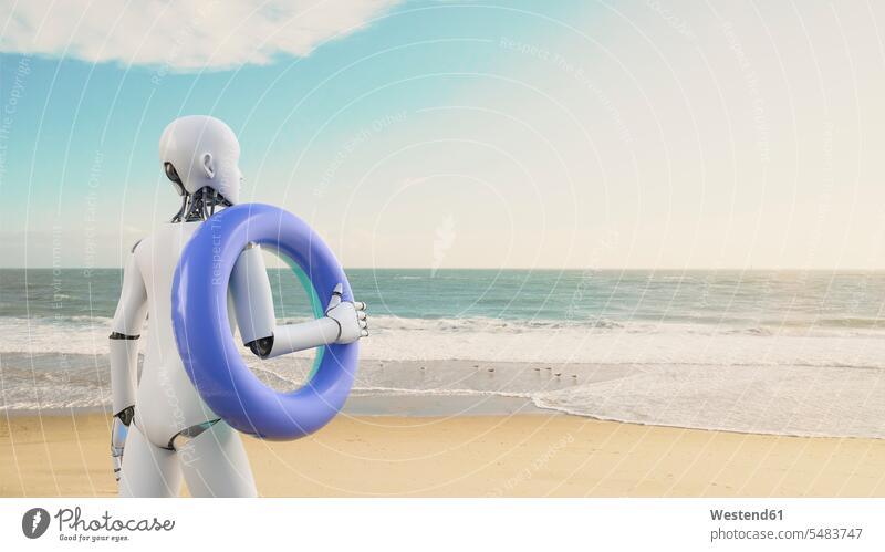 Roboter hält Schwimmreifen am Strand, 3D-Rendering Symbolbild Symbolik Work-Life-Balance Urlaub Ferien 3D Illustration 3D Rendering futuristisch Zukunft Future