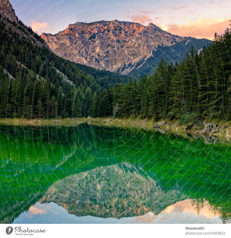 Österreich, Steiermark, Tragoess, Blick auf Hochschwab Mountain Messnerin, gespiegelt in grünem See Wolke Wolken Aussicht Ausblick Ansicht Überblick Bergmassiv