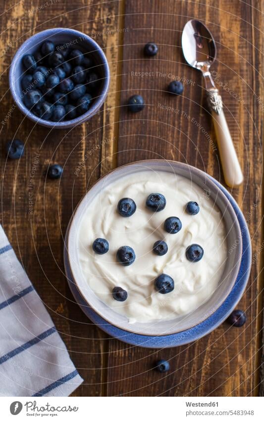 Joghurt mit Heidelbeeren in Schale auf Holz Food and Drink Lebensmittel Essen und Trinken Nahrungsmittel Dessert Nachspeise Desserts Nachtisch Blaubeeren