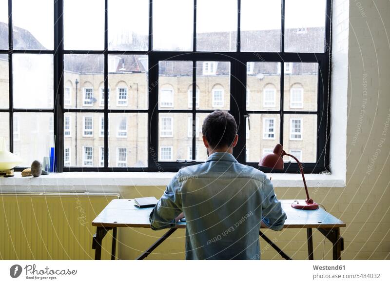 Rückenansicht eines jungen Mannes, der in seinem Loft am Schreibtisch sitzt und mit seinem Laptop arbeitet Männer männlich Erwachsener erwachsen Mensch Menschen