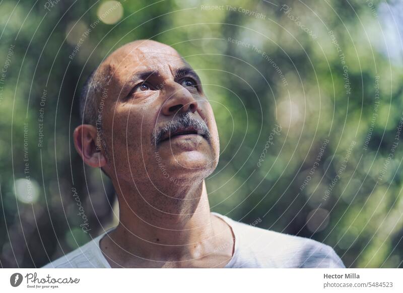Älterer Mann starrt während eines Spaziergangs im Feld und genießt die Natur Senior Männlicher Senior authentisch Schwache Tiefenschärfe Gesicht Kopf Porträt