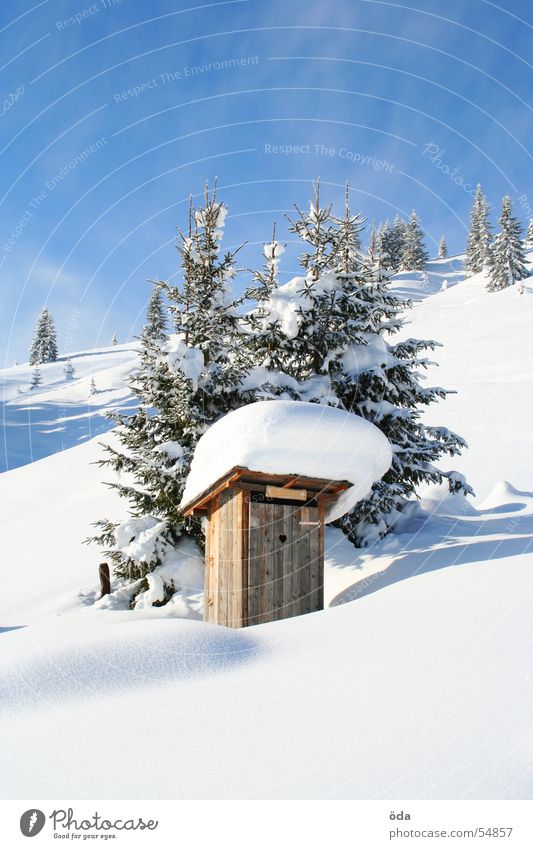Scheiss-Haus Winter Plumpsklo Dorf Schnee Baum kalt Eis Toilette Berge u. Gebirge
