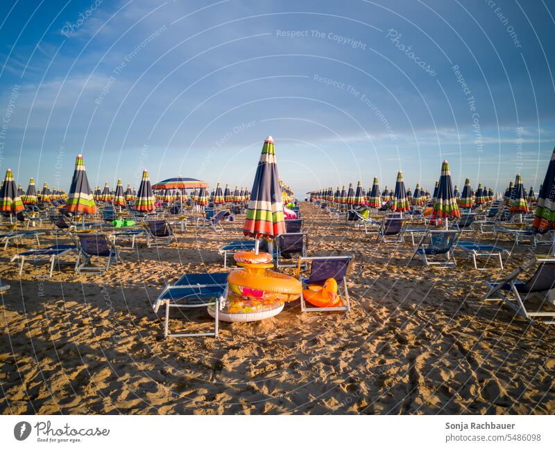 Sonnenliegen und Sonnenschirme am Strand in Italien strandurlaub Ferien & Urlaub & Reisen Sommerurlaub Sand Erholung Meer Tourismus Sonnenbad Schönes Wetter