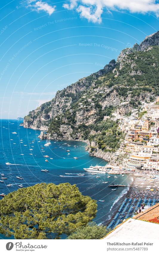 Amalfiküste - Positano am Tag Italien Küste Sommer Landschaft Natur Tourismus Ferien & Urlaub & Reisen Meer Wasser Häuser küsten Bäume Klippe Schönes Wetter