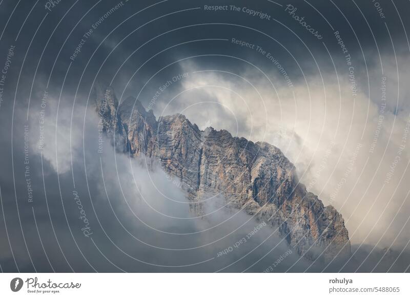Berggipfel in Wolken Alpen Berge u. Gebirge Top Gipfel Felsen Stein alpin Nebel Cloud clpoudscape sonnig Sonnenschein Sonnenlicht Kontrast Hintergrund Ansicht