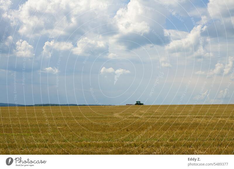 Getreide Feld mit Wolken am Himmel. Das Feld wurde abgeerntet. Traktor am Horizont fährt übers Feld. Sommer Natur blau Landwirtschaft Ackerbau Landschaft