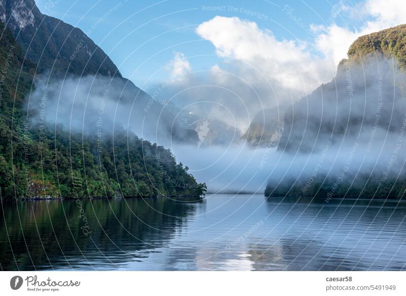 Ein neuer Morgen dämmert am Doutful Sound, die Wolken hängen tief in den Bergen, Fiordland National Park, Neuseeland Landschaft schön friedlich MEER Nebel Natur