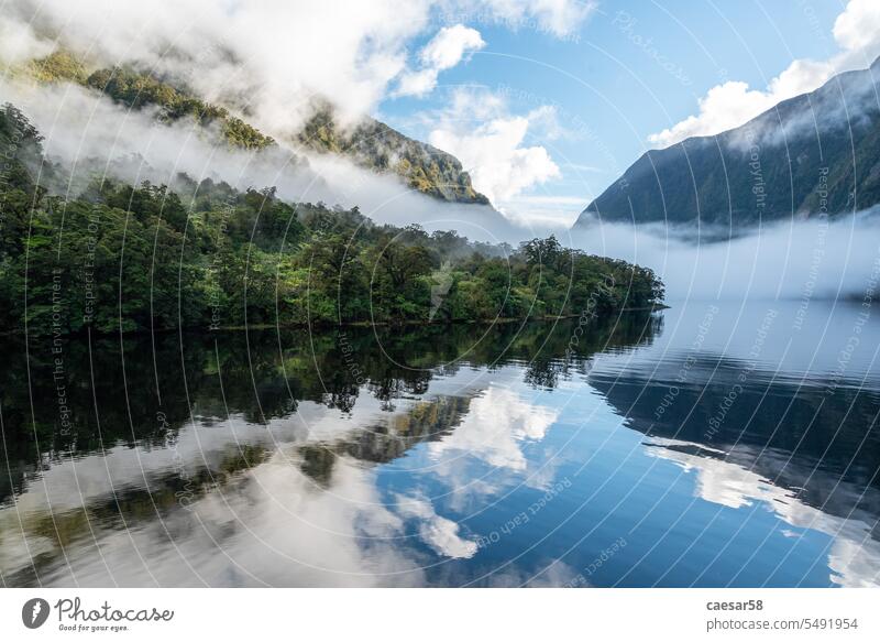 Ein neuer Morgen dämmert am Doutful Sound, die Wolken hängen tief in den Bergen, Fiordland National Park, Neuseeland Natur Reflexion & Spiegelung Bank Ufer