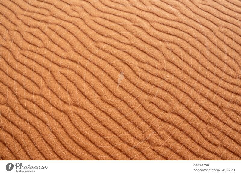 Landschaftliches Sandmuster auf einer Wüstendüne, vom Wind gezeichnet Struktur Muster Wellen kräuselte orange parallel trocknen Schatten Rippeln Form winken