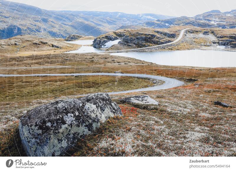 Kurvige Straße in einer Hochebene in Norwegen, mit See und Fels im Vordergrund kurvig weit Felsen Weitblick Ferne Sehnsucht fahren Landschaft Natur