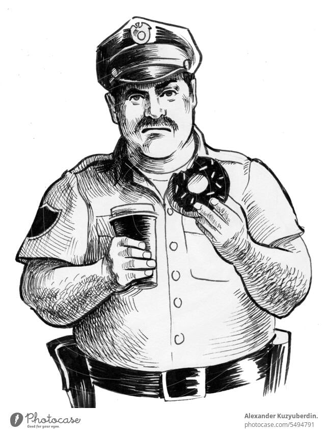 Polizist beißt in einen Donut. Tinte schwarz und weiß Zeichnung Amerikaner Kunst Kunstwerk Verschlussdeckel Kaffee cop Krapfen Doughnut Pflicht Essen