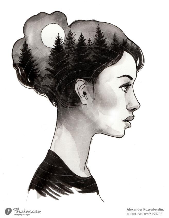 Mädchen und Wald. Tinte und Aquarell Skizze schön Schönheit Depression Zeichnung Stimmung hübsch Profil Frau Holz