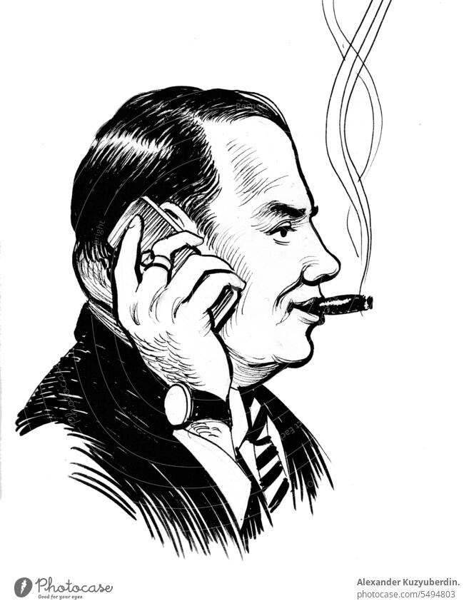 Der Chef telefoniert und raucht eine Zigarre. Tuschezeichnung im Retro-Stil Hintergrund Business Zelle Zigarette Mitteilung Konzept Kunde trinken Mode Lifestyle