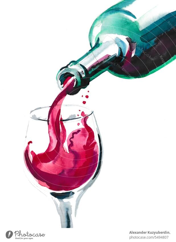 Rotweinflasche und Glas. Handgezeichnete Aquarellmalerei Alkohol Hintergrund Getränk feiern Feier Nahaufnahme Zeichnung trinken Tropfen fließen Kelch vereinzelt