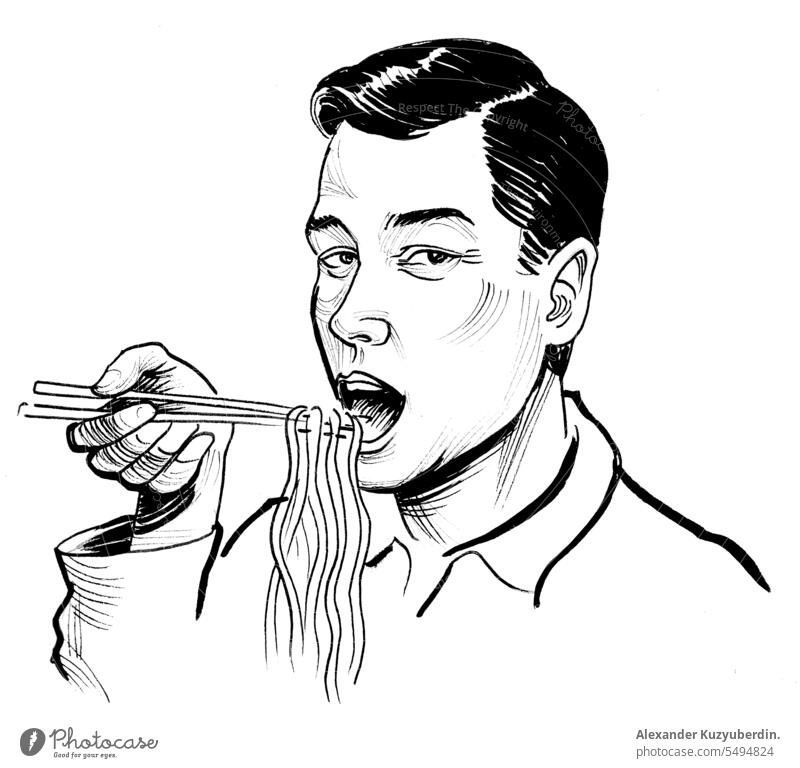 Asiatischer Mann isst Nudeln mit Stäbchen. Hand gezeichnet auf Papier, Retro-Stil Tinte schwarz und weiß Illustration Kunst asiatisch Küchenchef China