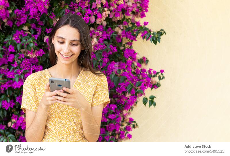 Junge Frau benutzt Smartphone in der Nähe eines blühenden Busches benutzend Lächeln Blume Blütezeit Browsen Glück online purpur Textnachricht Nachricht Telefon