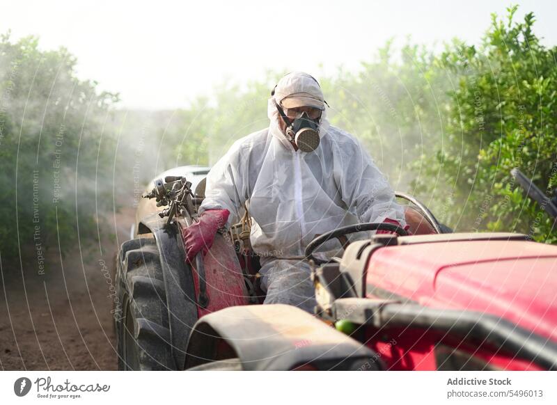 Anonymer Landwirt sprüht beim Traktorfahren Pestizide auf Zitronenbäume Spray Insektenvernichtungsmittel Baum Ackerbau schützend Anzug Mundschutz Bauernhof