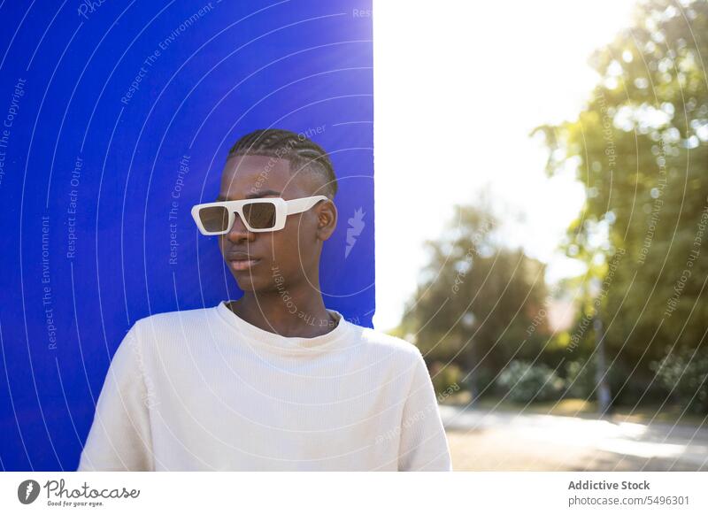 Stylischer schwarzer Teenager mit Sonnenbrille selbstbewusst Junge Park trendy Stil ernst Mode Vorschein Outfit selbstsicher jung Afroamerikaner männlich