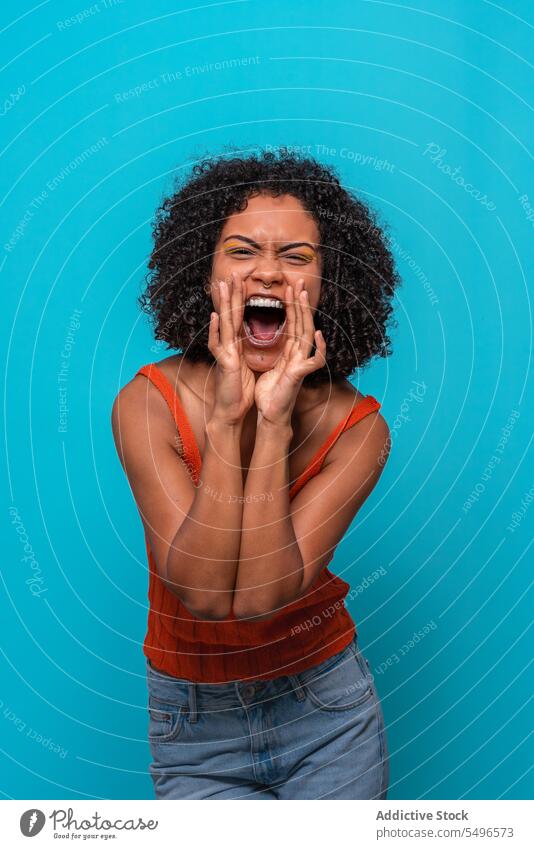 Aufgeregte schwarze Frau schreit gegen blaue Wand Model Afro-Look schreien Schrei abstützen Freude aufgeregt Porträt Afroamerikaner Schreien Sie dunkles Haar