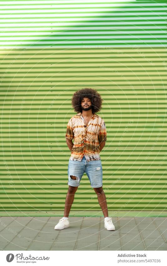 Junger ethnischer Mann auf dem Bürgersteig nahe der Mauer Stil Straße ernst urban grün Streifen Wand trendy männlich lässig jung Afroamerikaner krause Haare