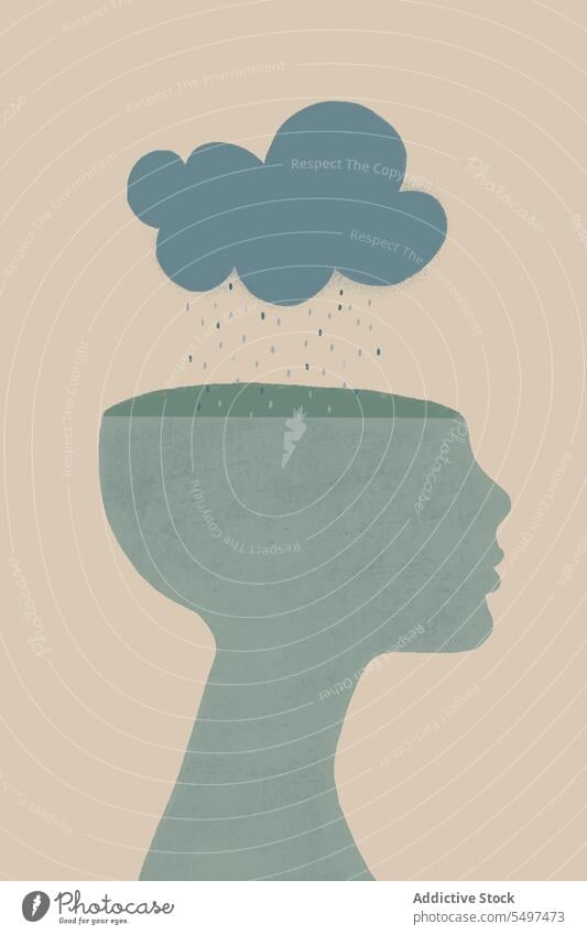 Psychische Gesundheit Konzept mit Wolken auf den menschlichen Kopf gegen graue Wand Geist Person Menschliches Gesicht offen Silhouette Grafik u. Illustration