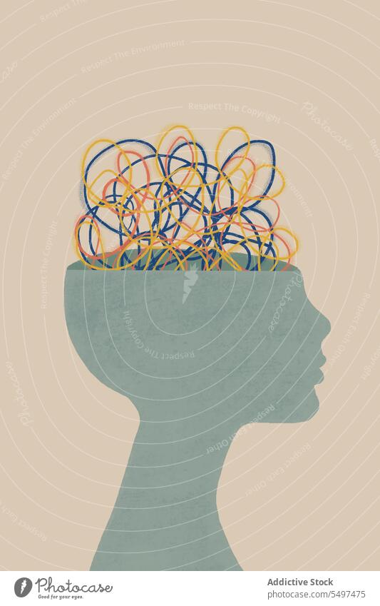 Illustration der psychischen Gesundheit Konzept der menschlichen Kopf Gedanken gegen graue Wand Grafik u. Illustration Silhouette verwirren Geist