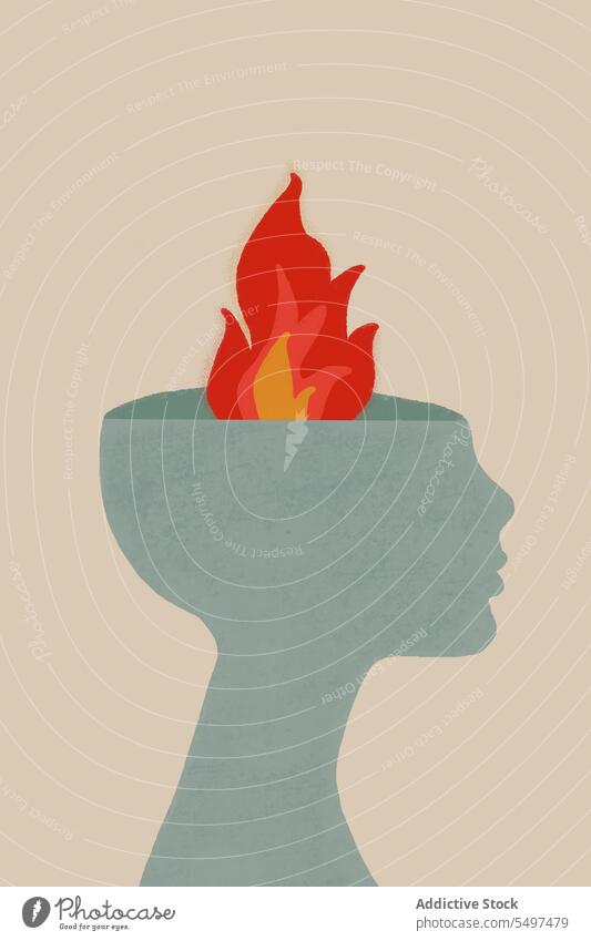 Konzept einer psychischen Erkrankung mit brennendem Feuer an einer grauen Wand Druck Brandwunde Grafik u. Illustration Menschliches Gesicht Stress mental Wut