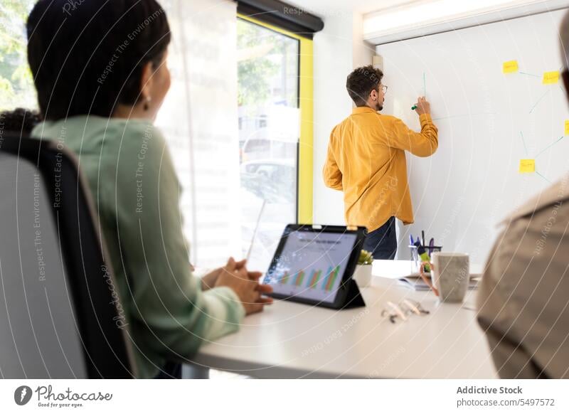 Fokussierter ethnischer Mann schreibt auf Whiteboard schreiben Büro Markierung ernst professionell Plan zur Kenntnis nehmen Business männlich Arbeit Job Projekt