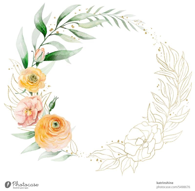 Runder Rahmen aus orangefarbenen und goldenen Aquarellblumen und grünen Blättern, Hochzeit Illustration Geburtstag botanisch Dekoration & Verzierung Zeichnung