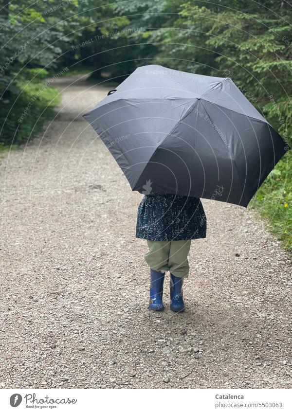 Regenwetter, kleines Mädchen mit Regenschirm Schlechtes Wetter nass Wasser Regentropfen Weg spazieren Regenbekleidung Regenjacke Gummisteiefel Bäume Wald Tag