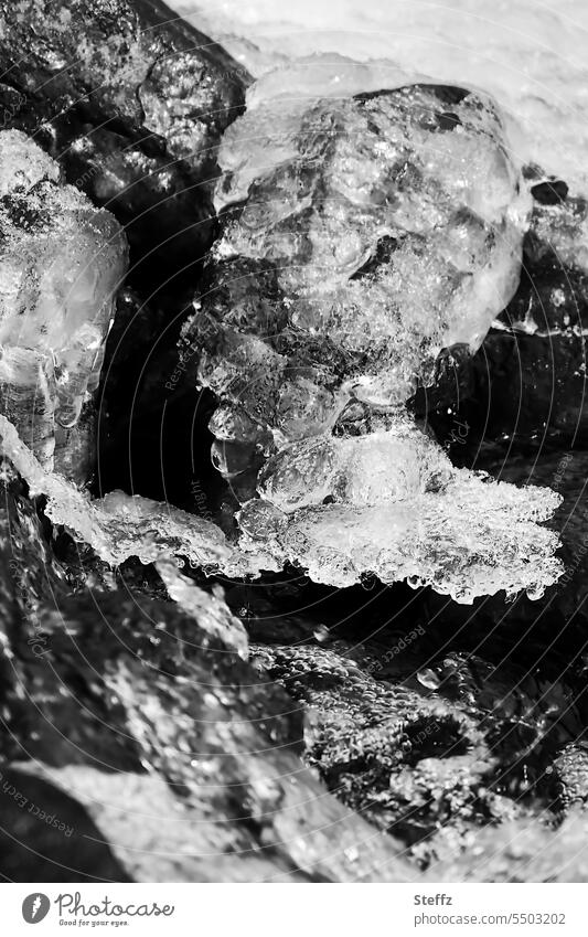 natürliche Eisgebilde beim Wasserfall auf Island Porträt Eisskulptur Eisformation Eisporträt Kopf Eisschmelze Eisblock gefroren Frost eisig schwarzweiß Form