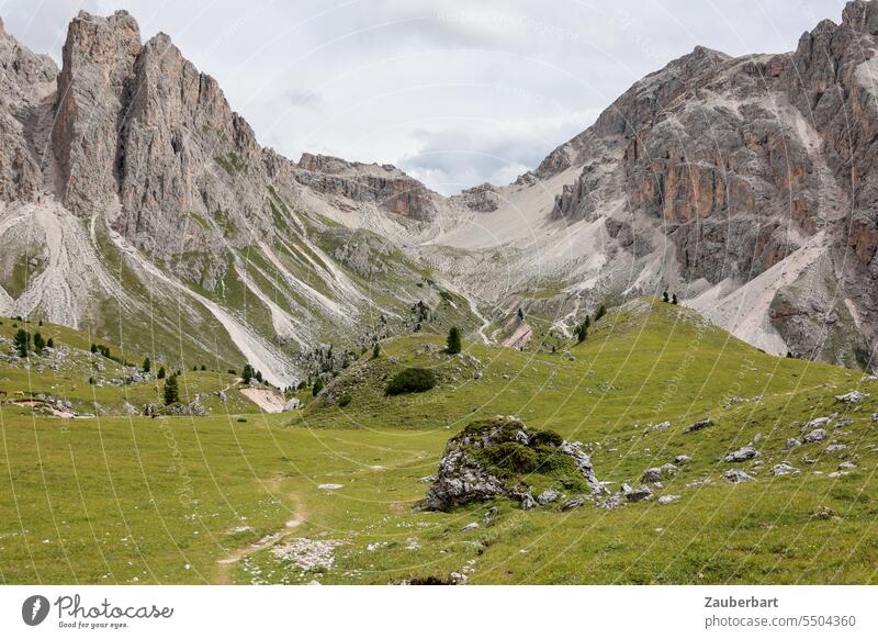 Bergpanorama, grüne Wiese mit Felsen und Bäumen, Gipfel, Sattel und Geröllfeld, Himmel mit Wolken Alpen Panorama Landschaft Südtirol wandern wanderlust