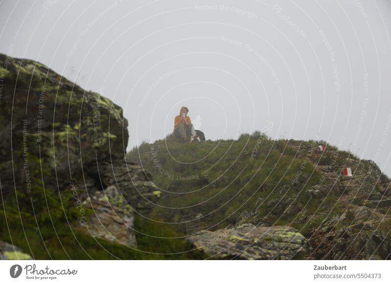 Wanderer mit Hund im Nebel neben einem Felsen wandern outdoor Wanderlust Berg sitzen ausruhen Wolke trübe verhangen grün Outdoor Natur Landschaft Wanderung