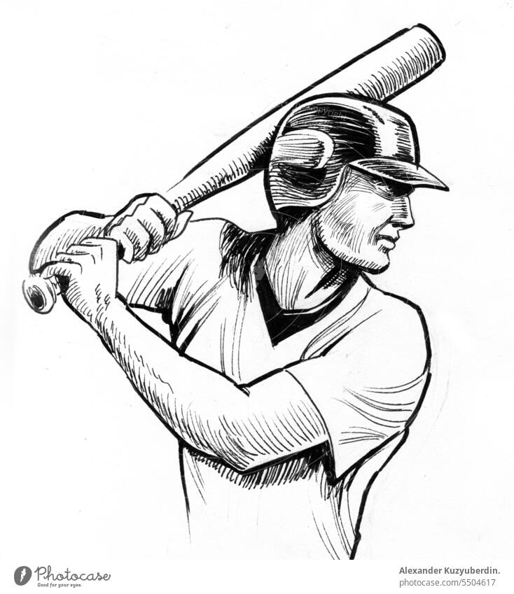 Baseballspieler, Tuschezeichnung in Schwarz-Weiß Aktion Kunst künstlerisch Kunstwerk Athlet Fledertiere Teig Karikatur Konkurrenz Zeichnung Spiel
