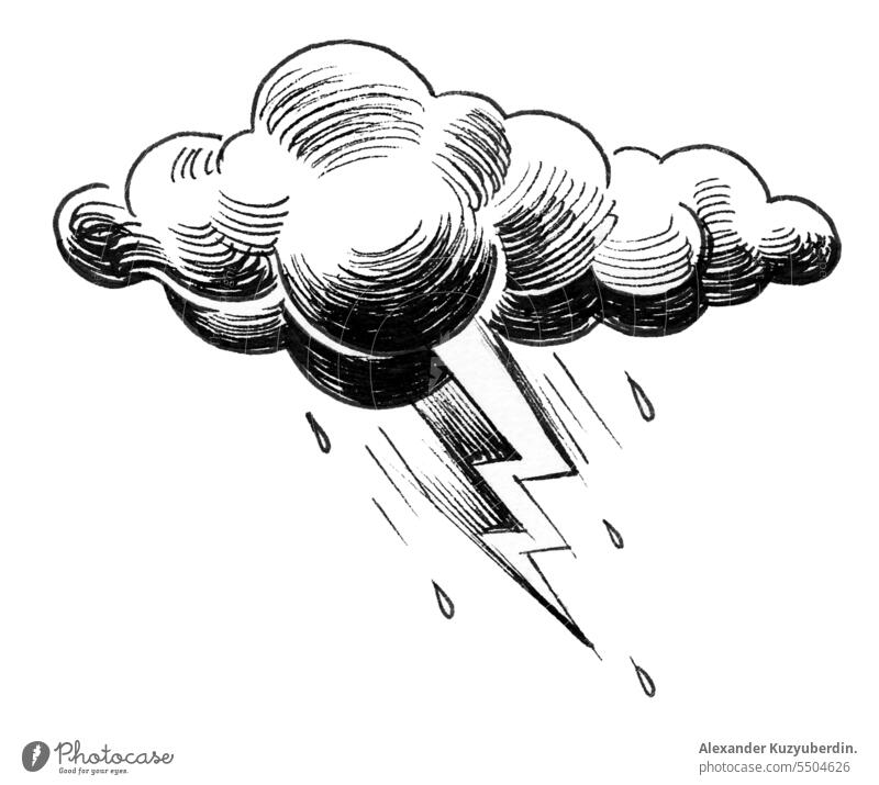 Gewitterwolke Tuschezeichnung Kunst schwarz auf weiß Sperrriegel Karikatur Cloud dunkel Energie graphisch Grafik u. Illustration vereinzelt Blitze Natur Papier
