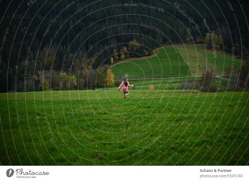 Kind mit langen Haaren läuft über eine Wiese, im Hintergrund ein Nadelwald Mädchen Freude rennen Gras Kindheit Spielen Fröhlichkeit Glück Natur spielen Freiheit