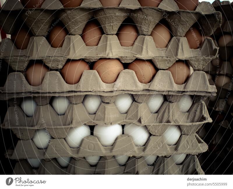 Gestapelte Eier ohne Ende. Braun und weiße. Eierkarton Nahaufnahme Menschenleer Lebensmittel Farbfoto Hühnerei mehrfarbig frisch Tag Detailaufnahme Ernährung
