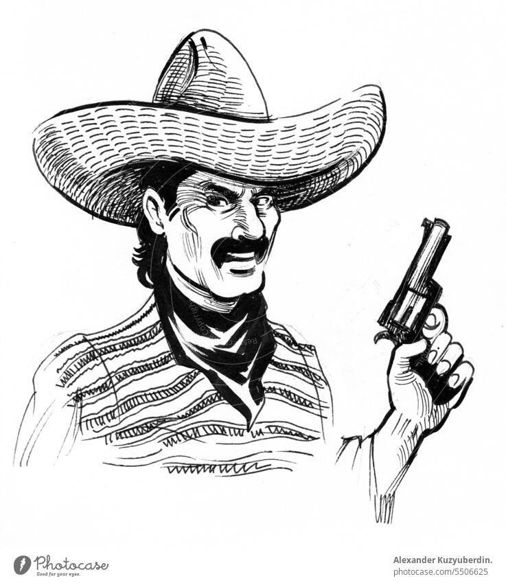 Mexikanischer Bandit schwarz auf weiß Charakter Krimineller Zeichnung Gangsterin Grafik u. Illustration Tusche männlich Mann mexikanisch verbieten retro Skizze