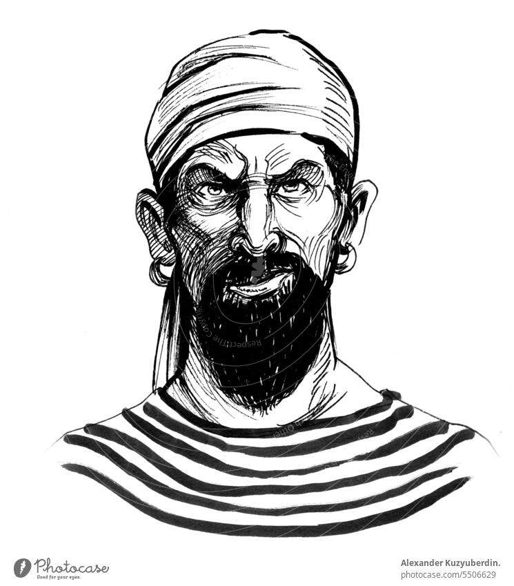 Piratenfigur wütend Vollbart bärtig schwarz auf weiß Charakter Zeichnung Gesicht Kopf Grafik u. Illustration verrückt Porträt retro Matrosen seman Skizze
