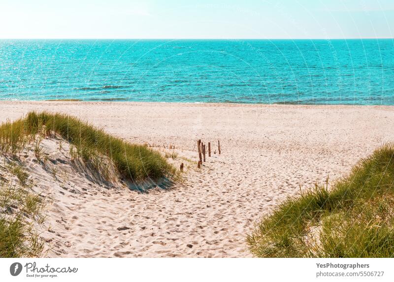 Landschaft mit Strand und Nordsee, auf der Insel Sylt, Deutschland Herbst Hintergrund schön Schönheit blau hell Küste Küstenlinie Farbe Dunes leer Umwelt Europa