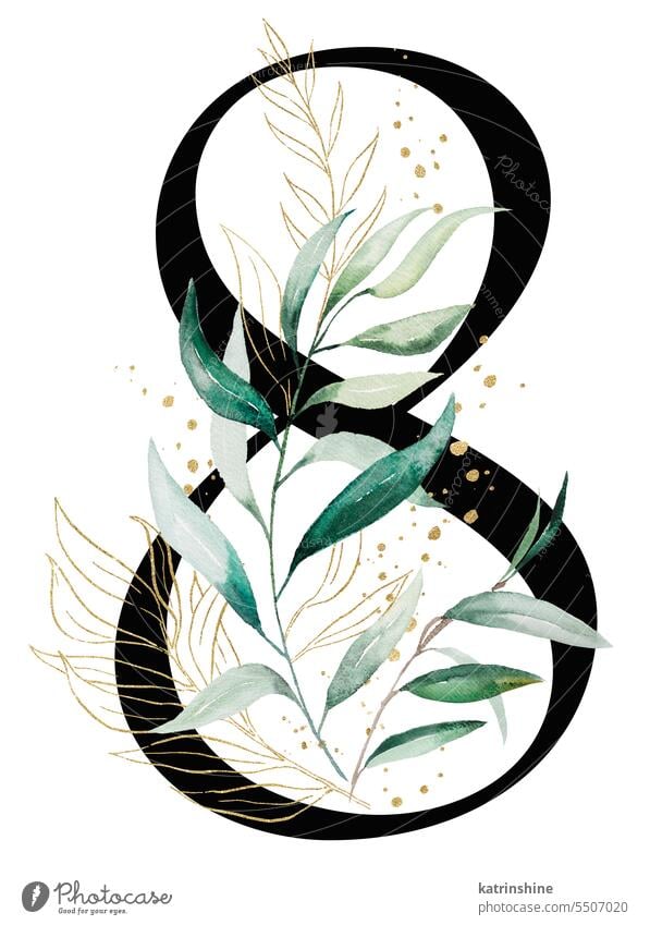 Schwarze Nummer 8 mit grünem Aquarell Blätter, isoliert Hochzeit Illustration, Alphabet Element Geburtstag botanisch Charakter Dekoration & Verzierung Zeichnung