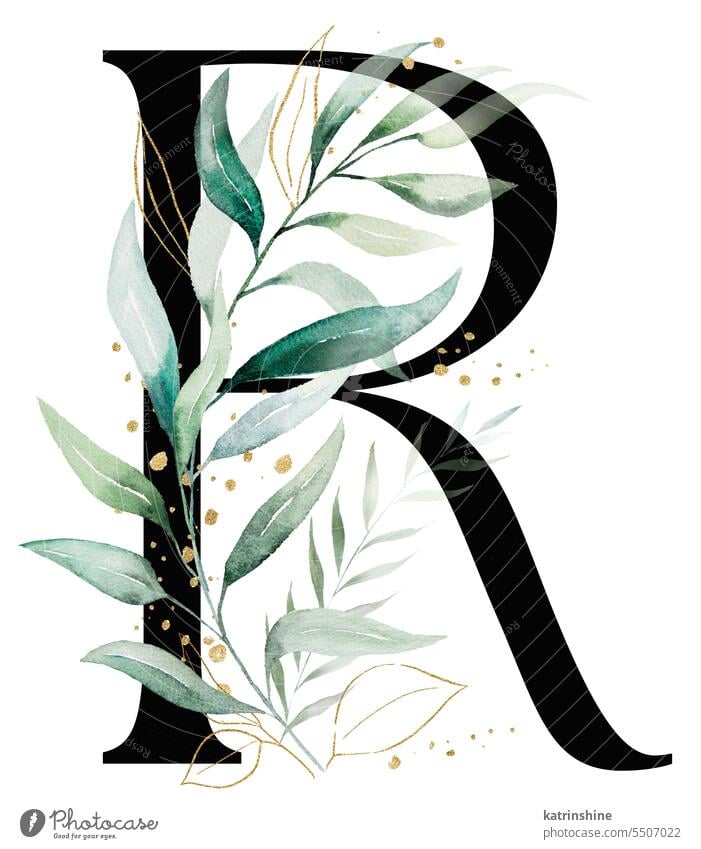 Schwarzer Buchstabe R mit grünem Aquarell Blätter, isoliert Hochzeit Illustration, Alphabet Element Geburtstag botanisch Charakter Dekoration & Verzierung