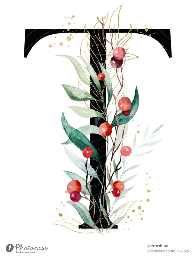 Schwarzer Buchstabe T mit Aquarell Zweige mit grünen und goldenen Blättern und roten Beeren, Weihnachten isoliert Illustration Dekoration & Verzierung Zeichnung
