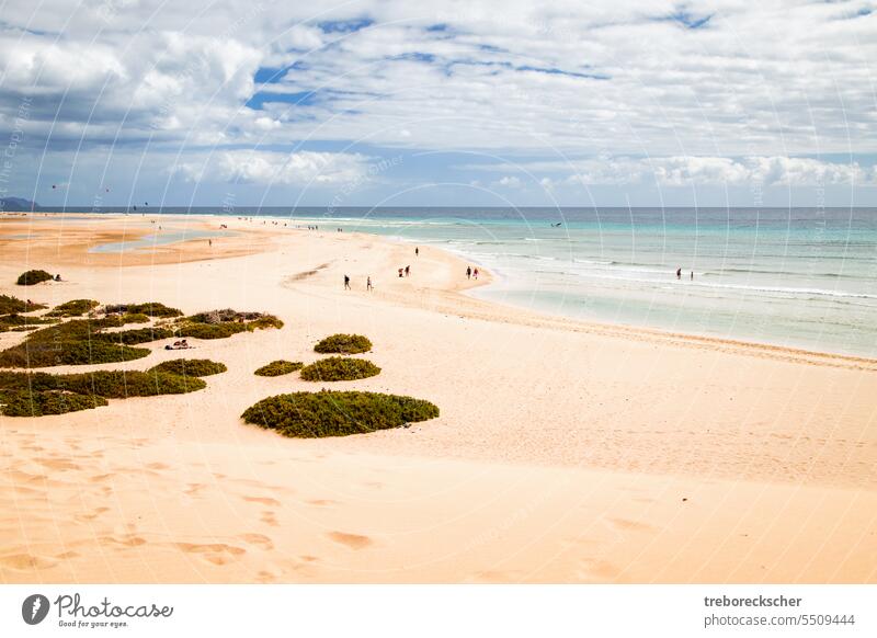 Der schöne Sandstrand von Risco del Paso auf Fuerteventura mit Touristen Landschaft reisen Strand malerisch Natur Kanarienvogel blau Meer atlantisch Küste MEER