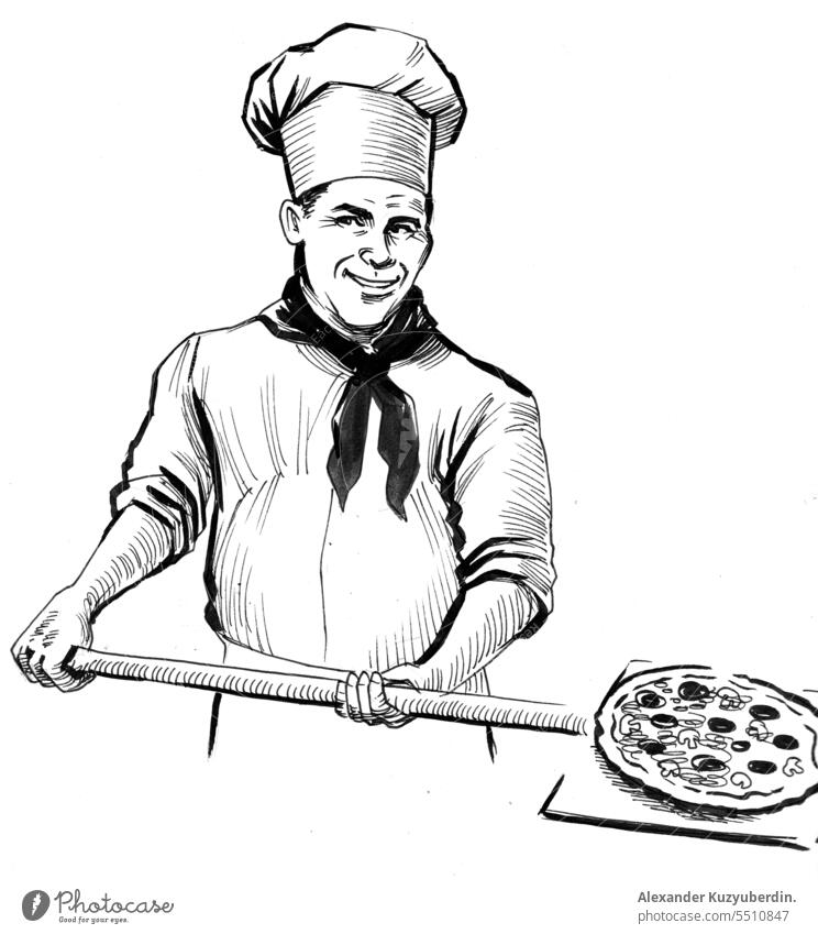 Lächelnde Köchin beim Backen einer Pizza. Schwarz-Weiß-Tintenillustration. Kunst Hintergrund gebacken Bäcker Küchenchef Koch Essen zubereiten Zeichnung Feuer