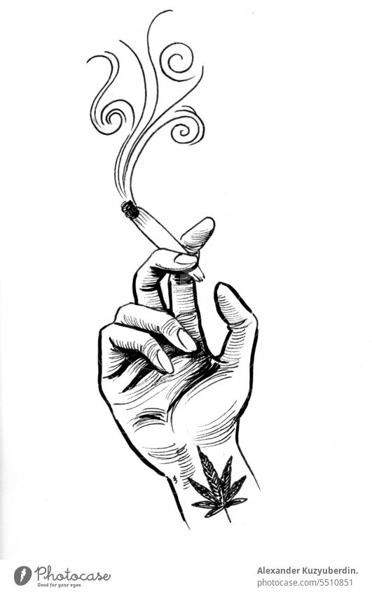 Cannabisblätter und Hand mit einem rauchenden Marihuana-Joint. Tinte schwarz und weiß Zeichnung Sucht Ackerbau Kunst Hintergrund Karikatur Zigarette Design
