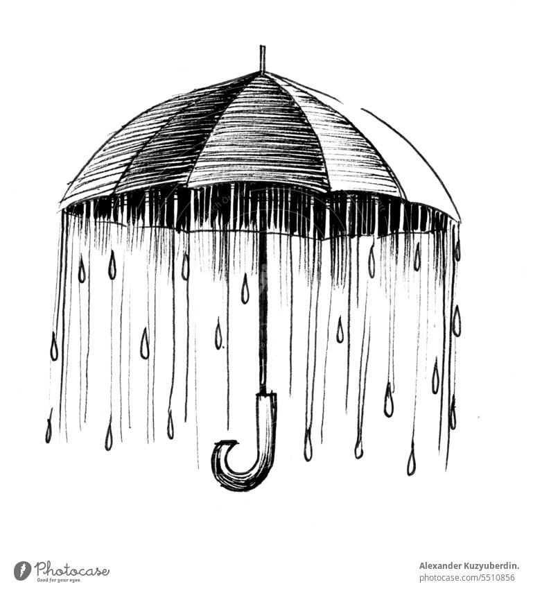 Regen unter dem Regenschirm. Tinte schwarz und weiß Illustration Kunst Herbst Hintergrund Klima Design Tropf Grafik u. Illustration vereinzelt Natur im Freien