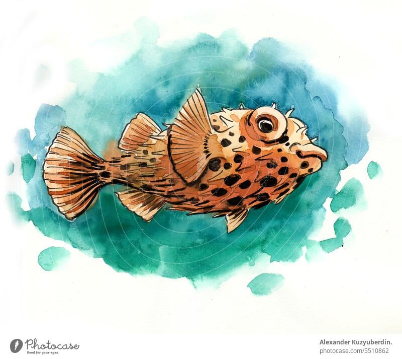 Gelber tropischer Fisch auf blau-grünem Hintergrund. Aquarell Illustration Tier Aquarium schön Schönheit Farbe farbenfroh Korallen Zeichnung exotisch