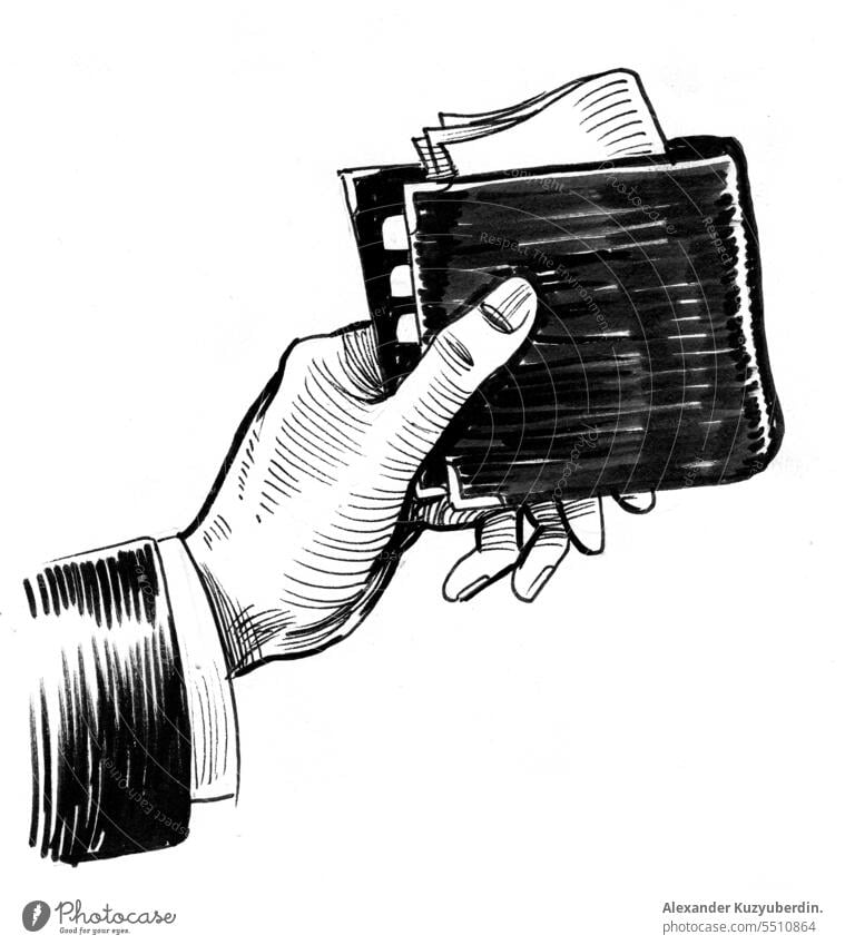 Hand hält eine Brieftasche. Schwarz und weiß Tinte Illustration Kunst Hintergrund Bank Rechnung Rechnungen Business Karikatur Bargeld Währung Design Dollar