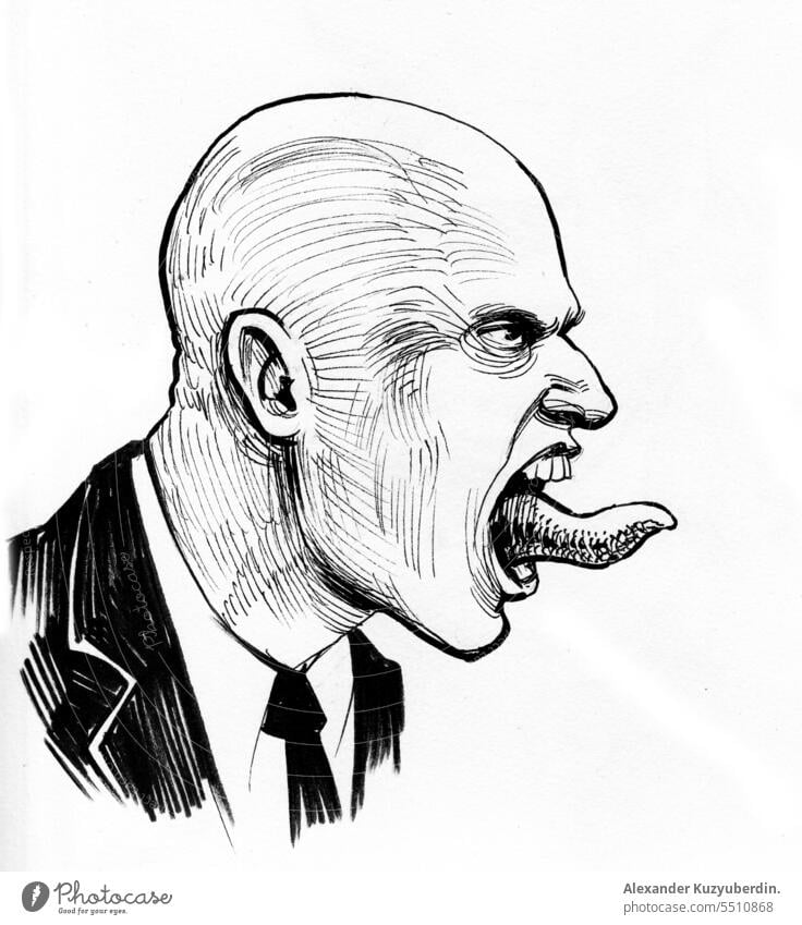 Beängstigender Mann mit Glatze und herausgestreckter Zunge Erwachsener Kunst Kunstwerk Hintergrund kahl schwarz schwarz auf weiß Business Geschäftsmann